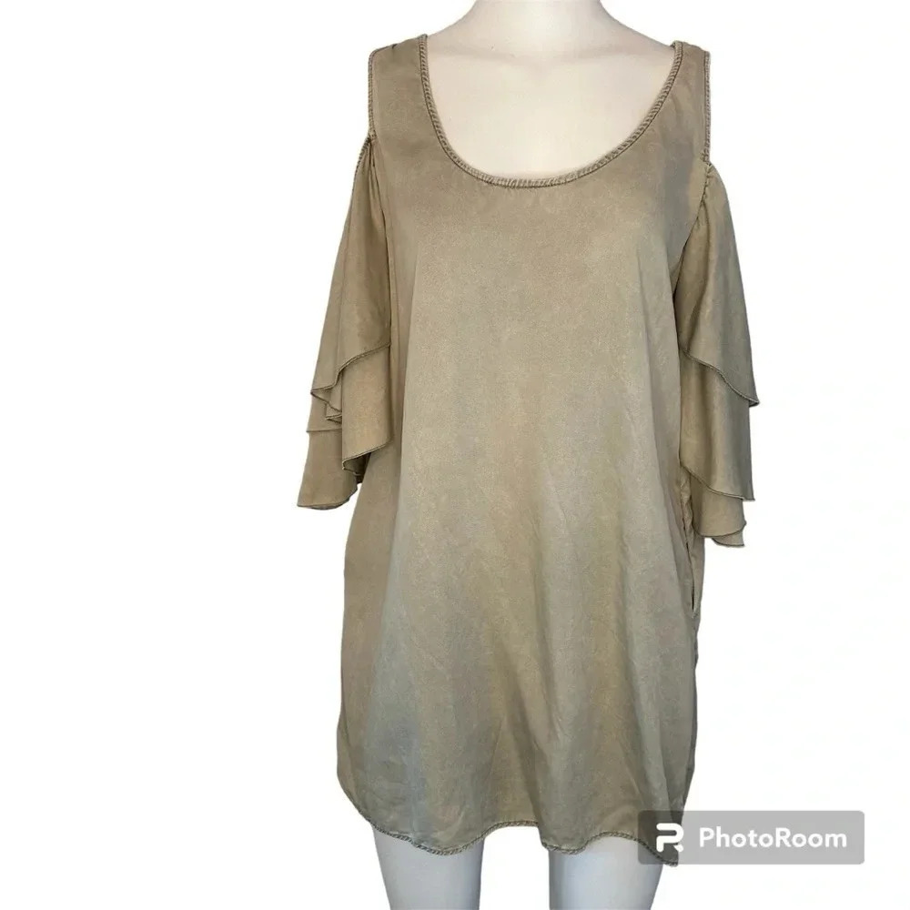 Olive Green Cold Shoulder Tiered Ruffle Sleeves Mini Dress with Pockets
